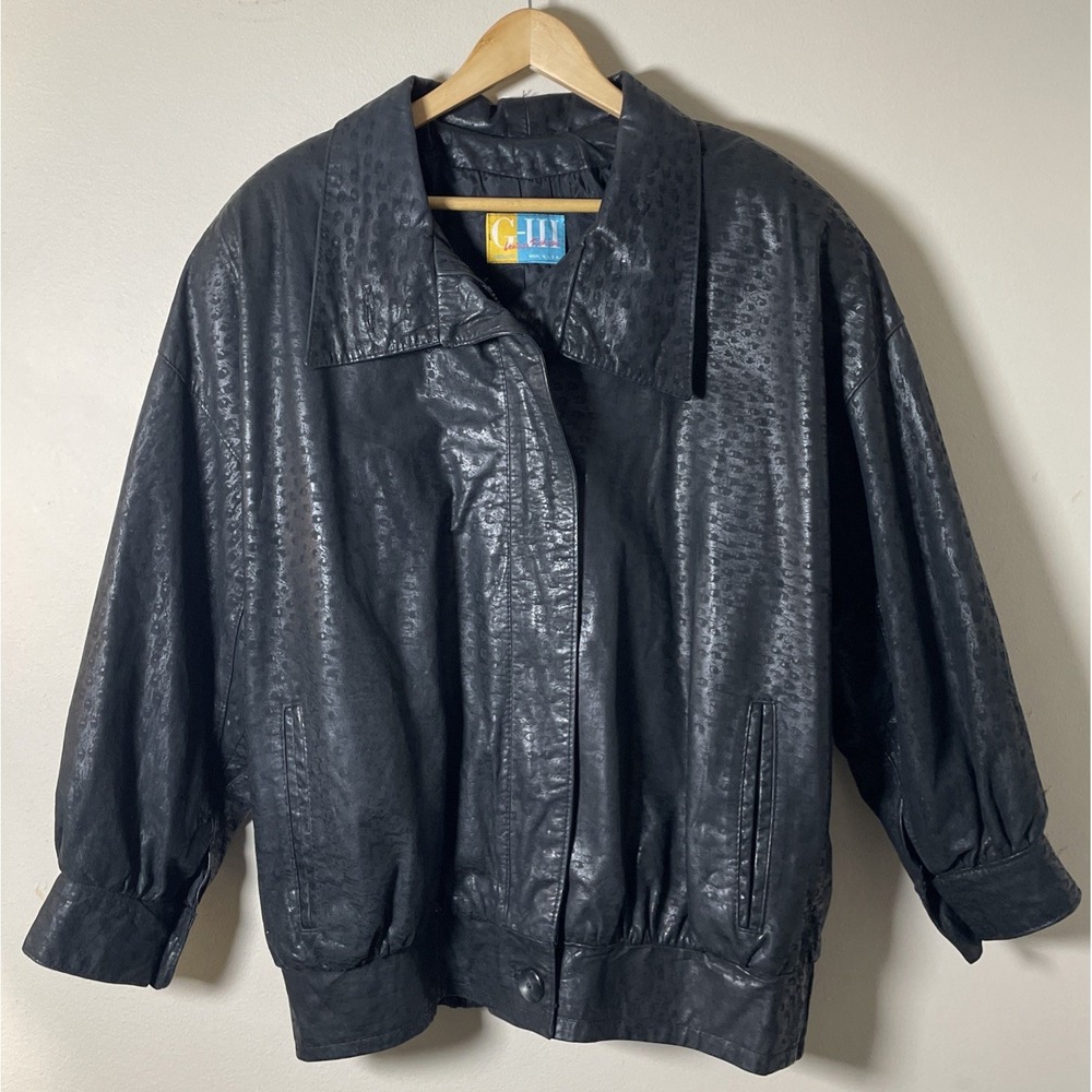 G3 G-III Womens Leather Bomber Jacket Size XL* Black Embossed Cheetah Print VTG